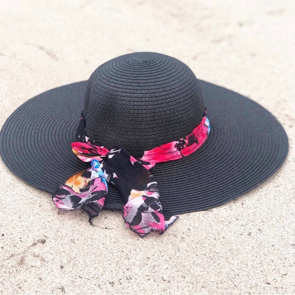 Wide Brim Black Scarf Sun Hat